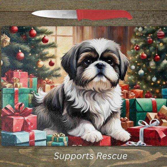 Christmas Shih Tzu Kitchen Tempered Glass Cutting Board or Trivet - Picture 1 of 1